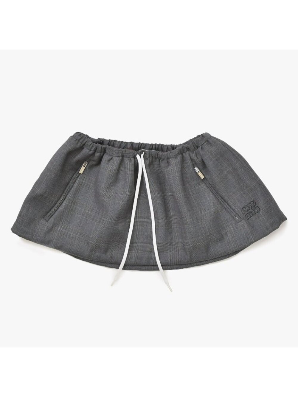 Miu Miu Drawstring Prince of Wales Check Mini Skirt Glen Plaid Gray Brown Silver